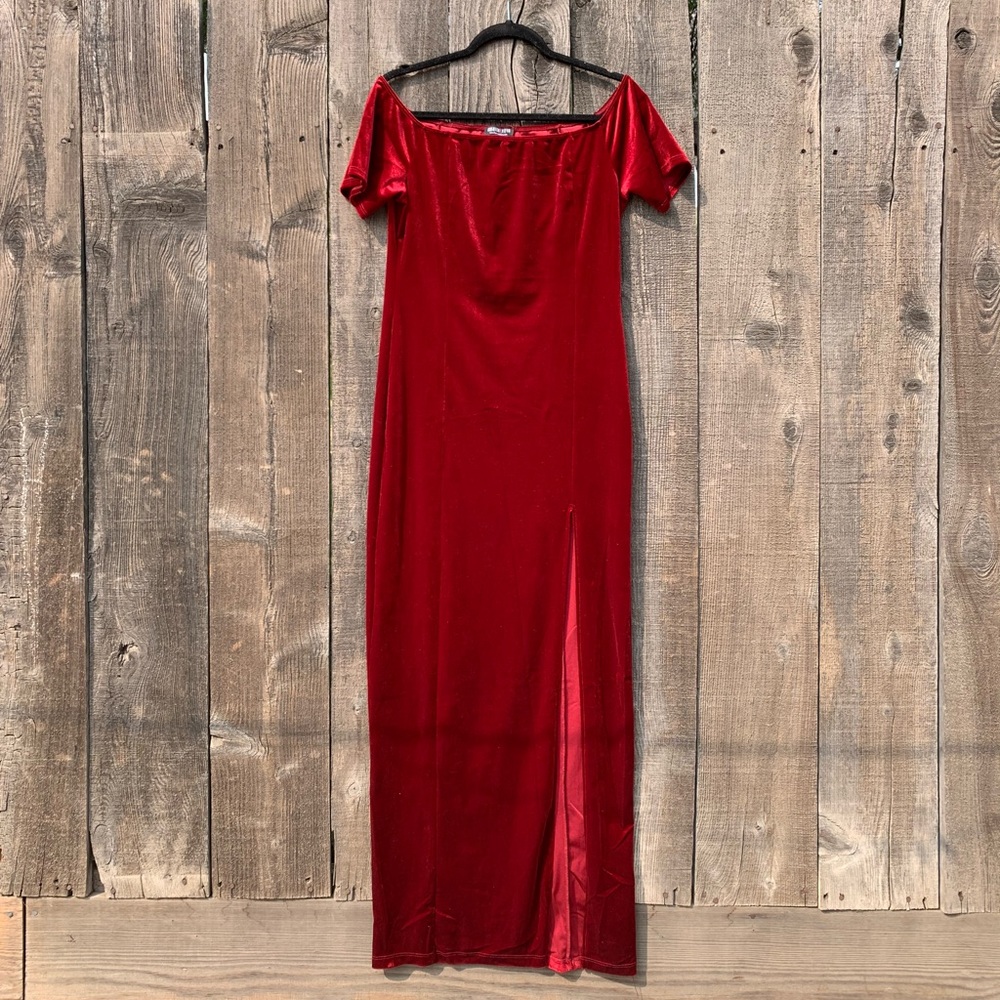 Burgundy Velvet Off the Shoulder Dress